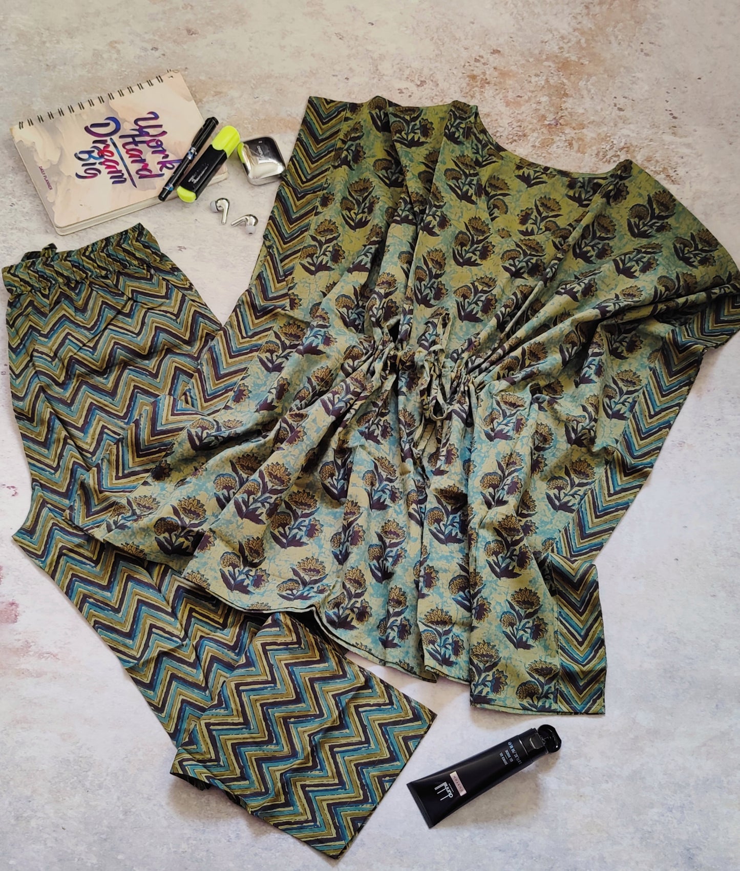 Green Flower Motif Cotton Kaftan & Lounge Pant Set