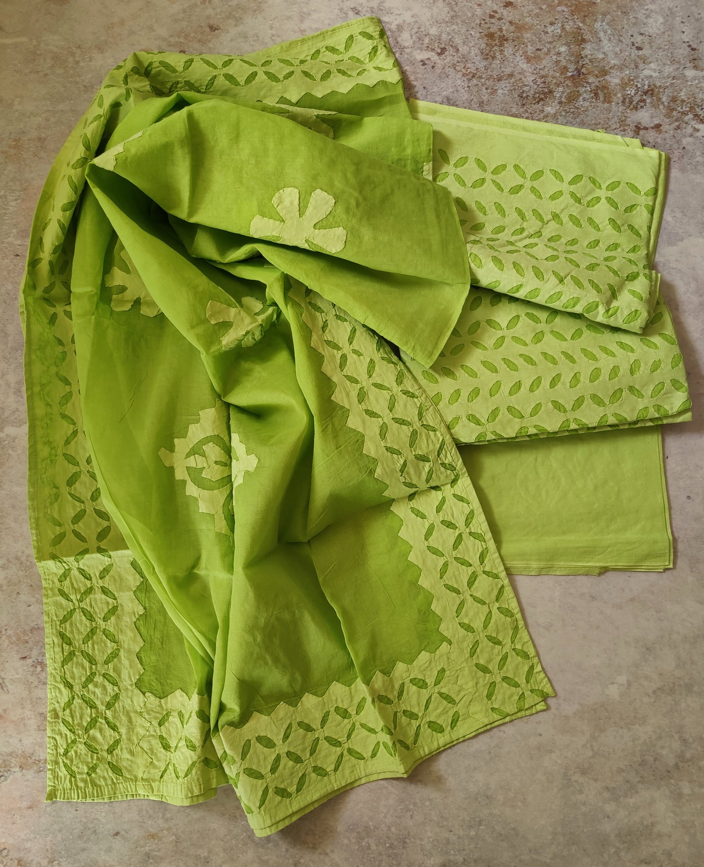 Chatreuse Green Barmer Applique Cut Work Cotton 3pc Suit Material Set