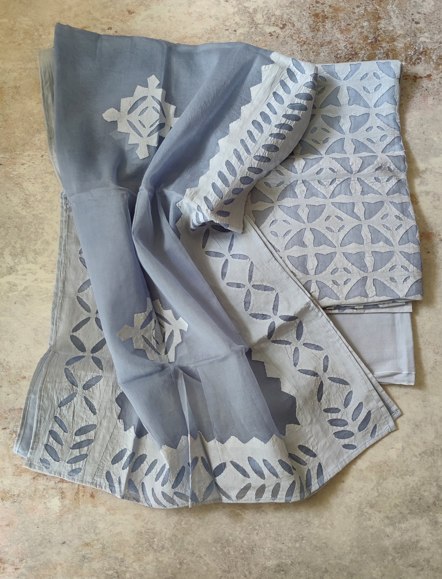 Ash Grey Blue Barmer Applique Cut Work Cotton 3pc Suit Material Set