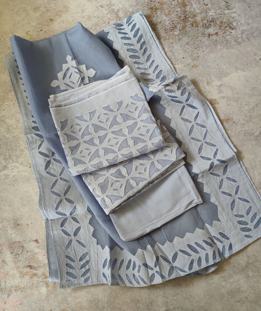 Ash Grey Blue Barmer Applique Cut Work Cotton 3pc Suit Material Set