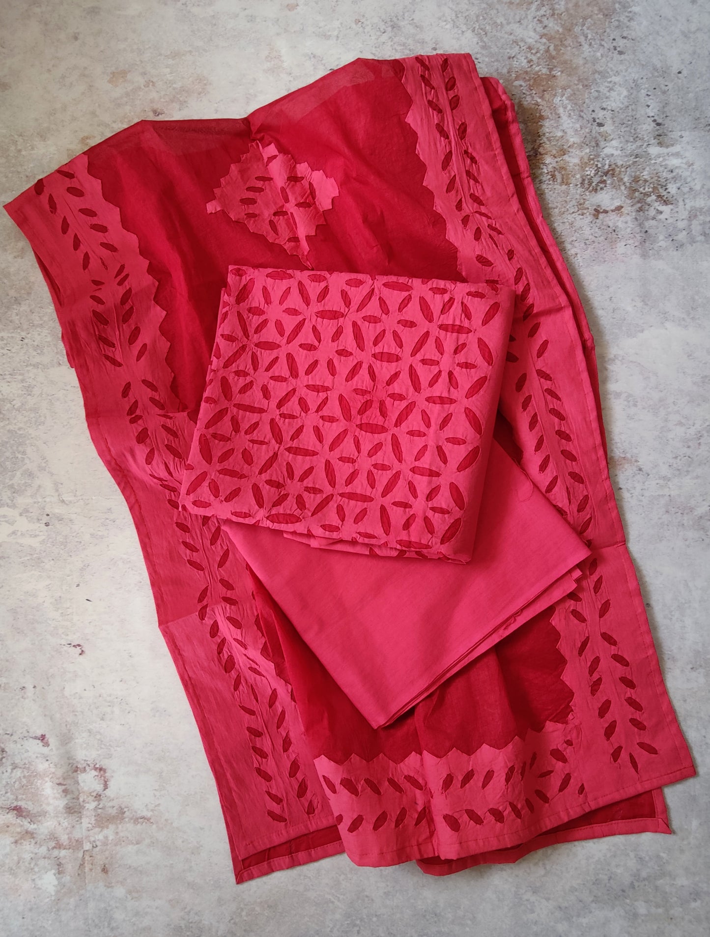 Ravishing Red Barmer Applique Cut Work Cotton 3pc Suit Material Set