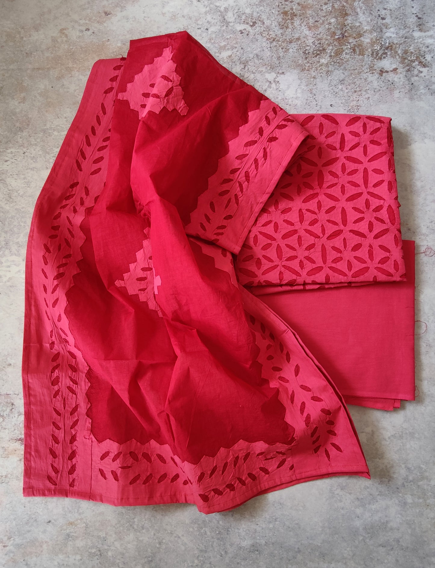 Ravishing Red Barmer Applique Cut Work Cotton 3pc Suit Material Set