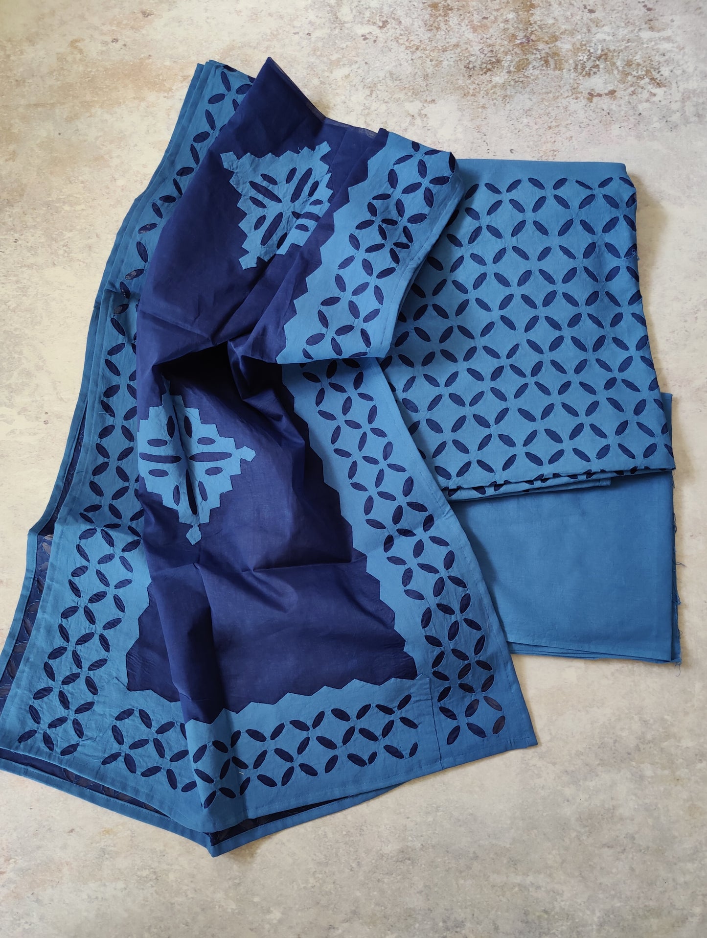 Cobalt Blue Barmer Applique Cut Work Cotton 3pc Suit Material Set