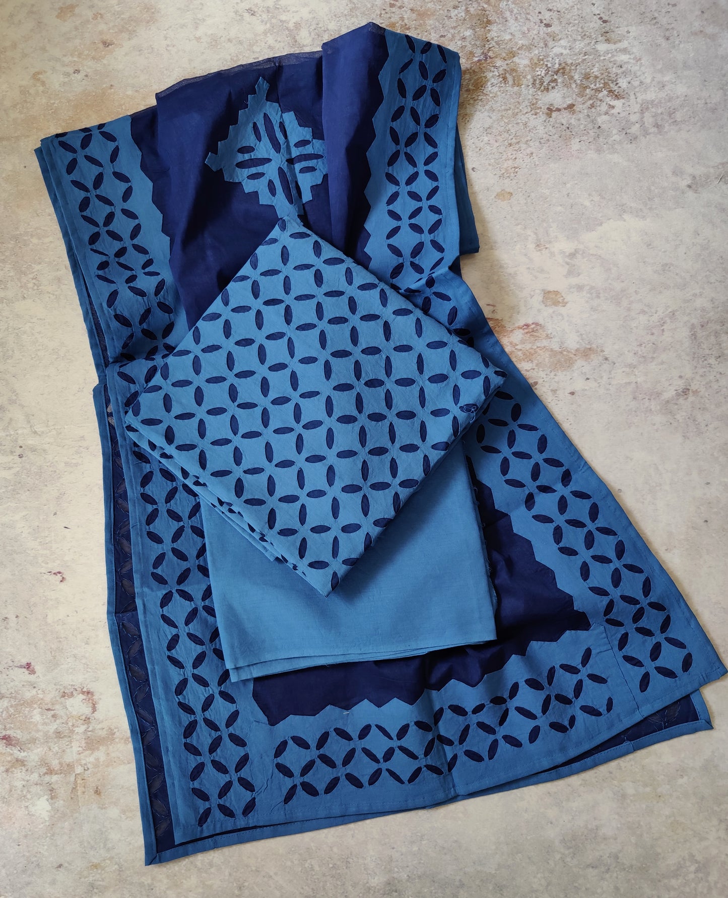 Cobalt Blue Barmer Applique Cut Work Cotton 3pc Suit Material Set