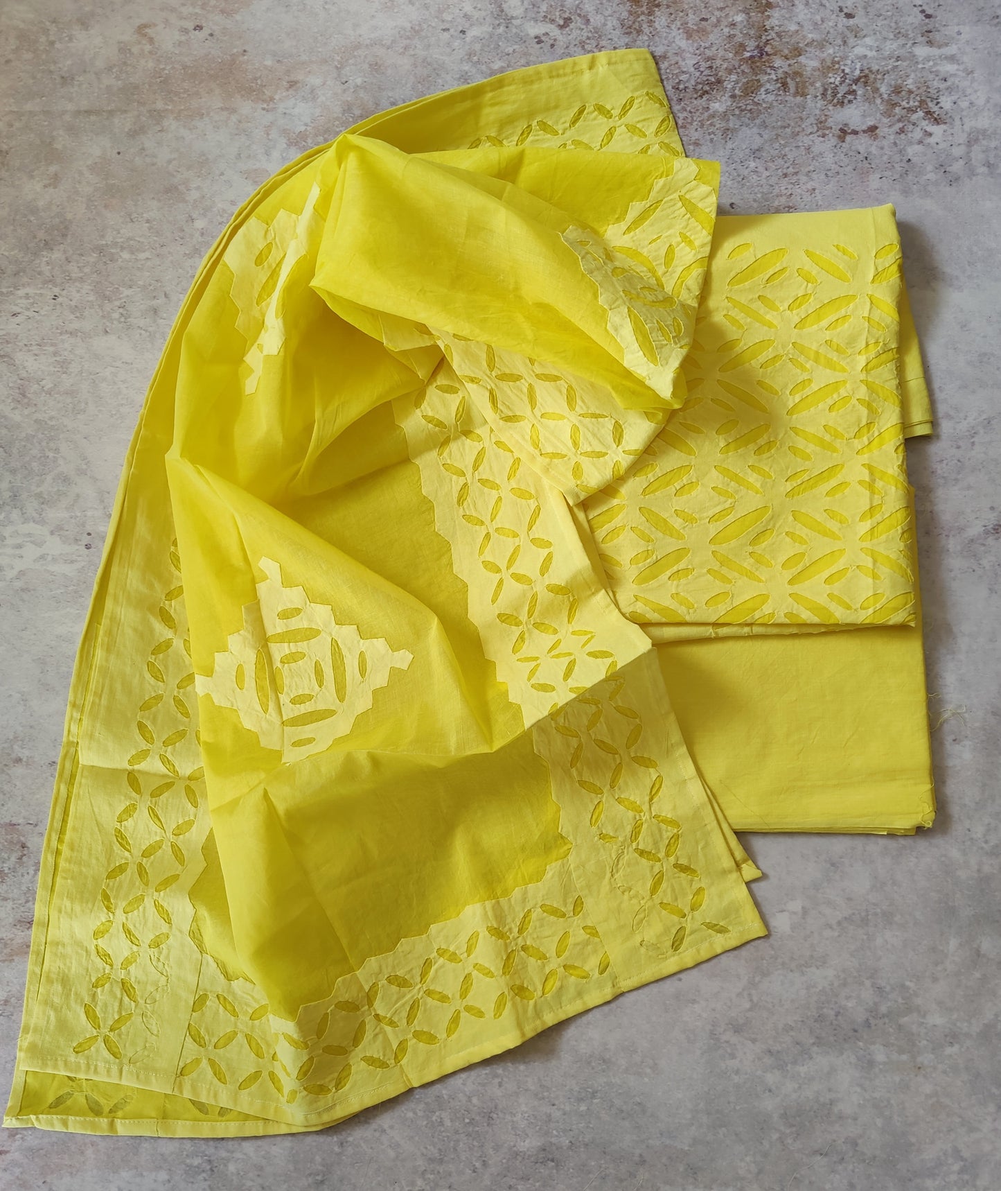 Sunshine Yellow Barmer Applique Cut Work Cotton 3pc Suit Material Set