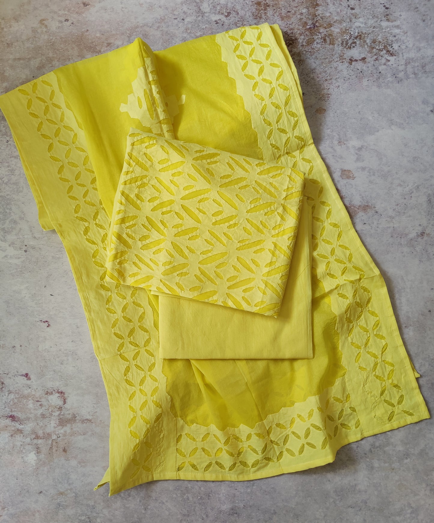 Sunshine Yellow Barmer Applique Cut Work Cotton 3pc Suit Material Set