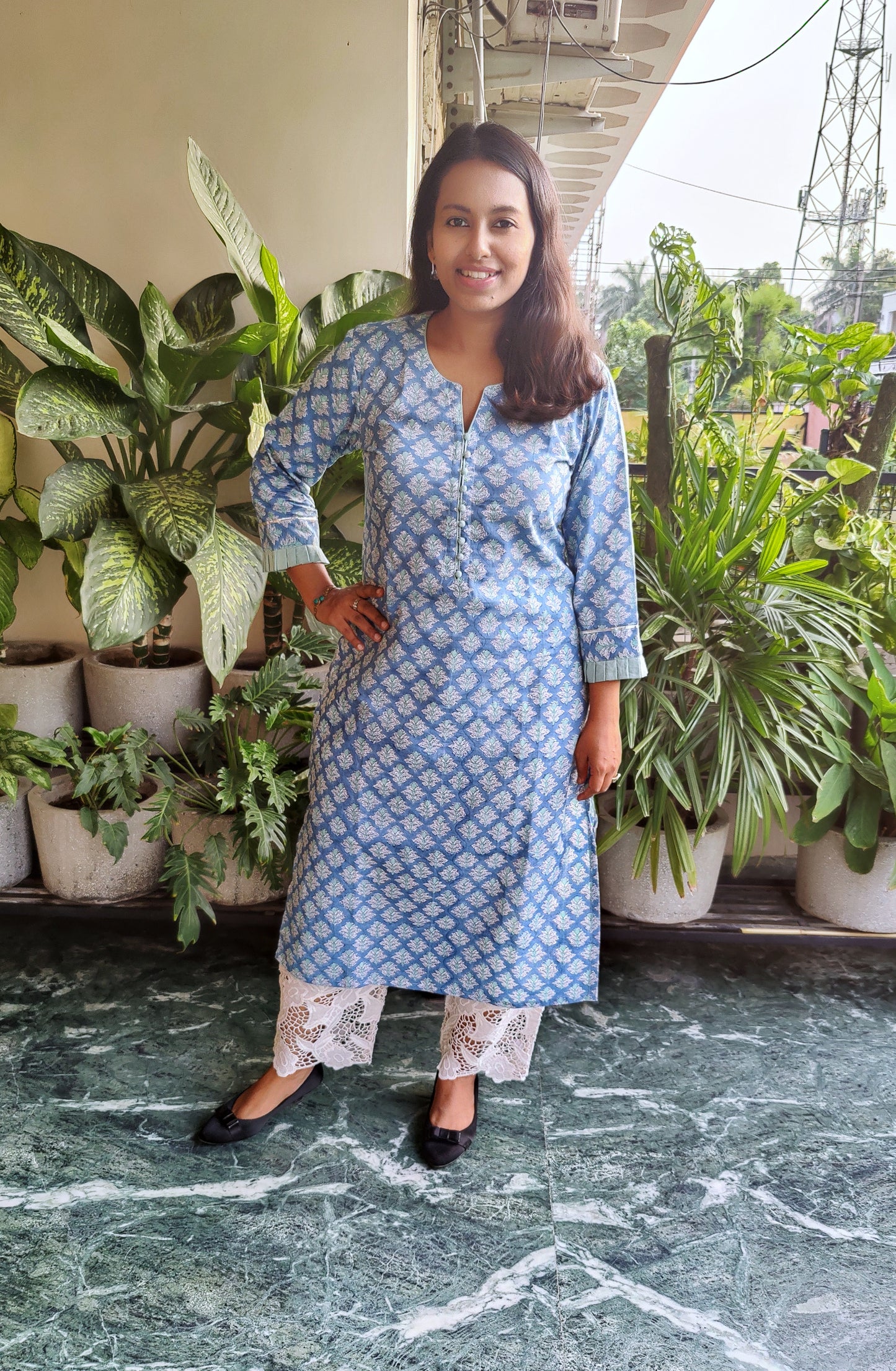 Powder Blue Pure Cotton Hand Block Print Kurta with Frill Details