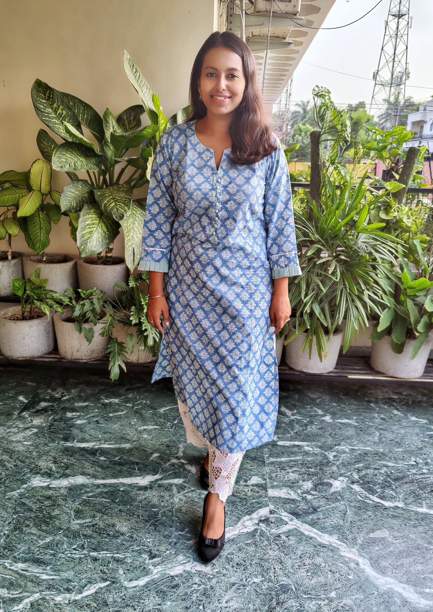 Powder Blue Pure Cotton Hand Block Print Kurta with Frill Details