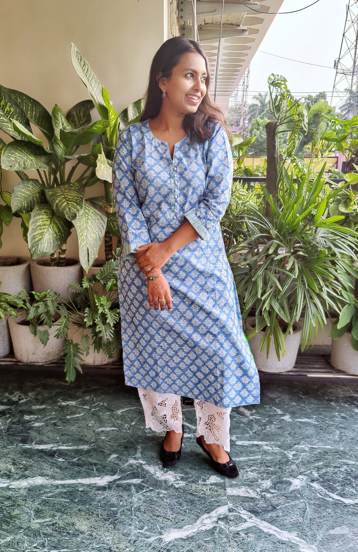 Powder Blue Pure Cotton Hand Block Print Kurta with Frill Details