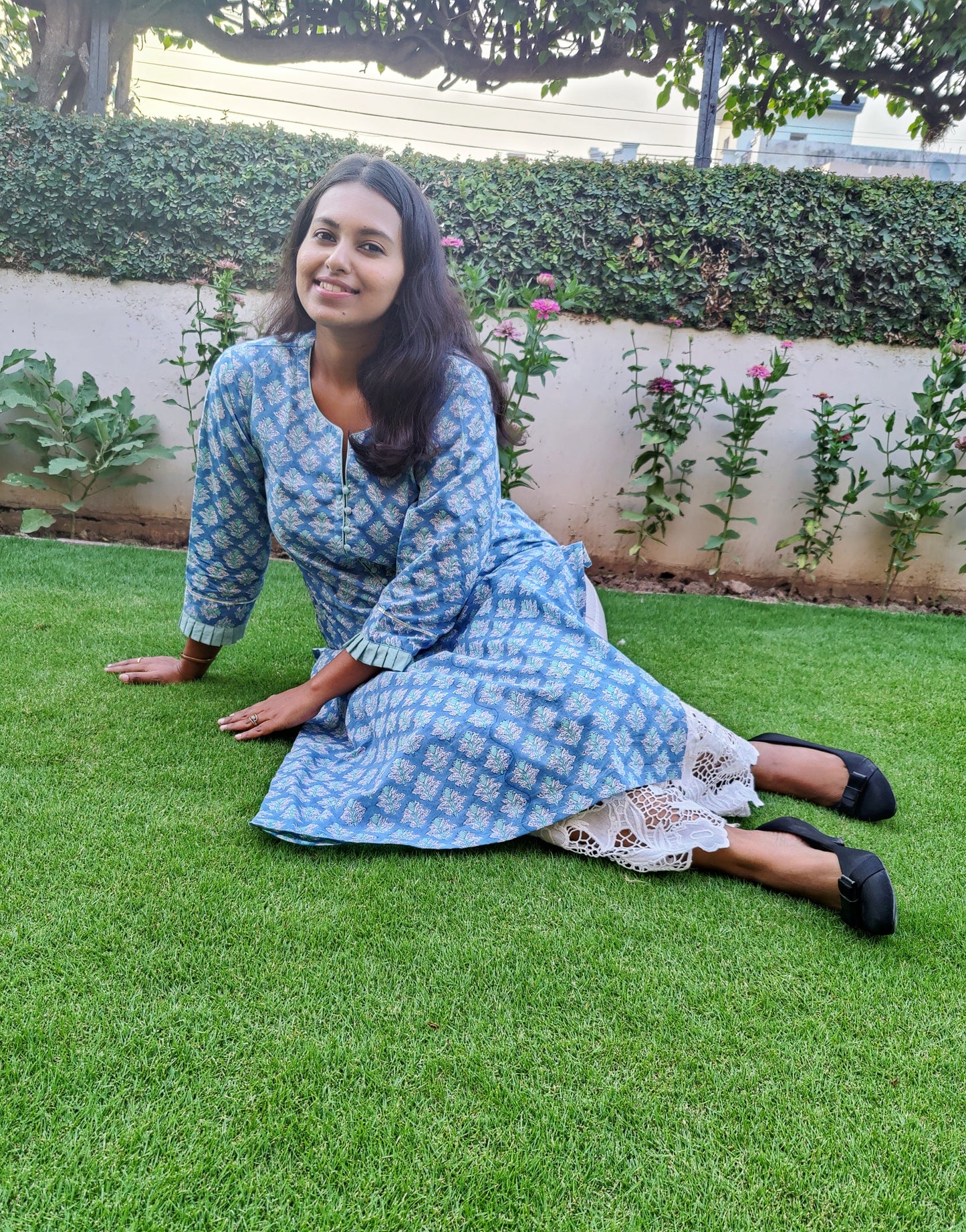 Powder Blue Pure Cotton Hand Block Print Kurta with Frill Details