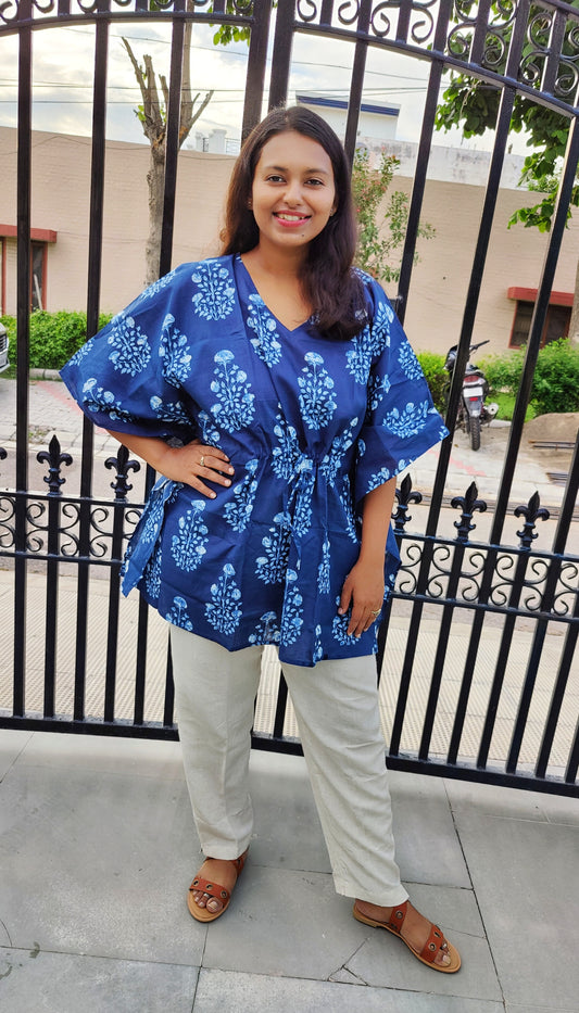 Indigo Paisley Motif Cotton Short Kaftan Top