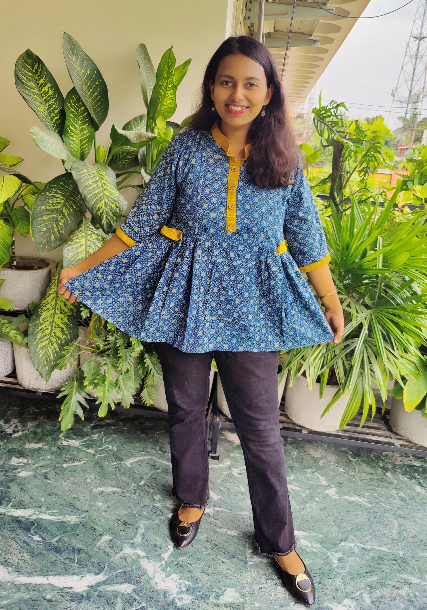 Indigo Ajrakh Print Pure Cotton Peplum Style Top and Pant Set