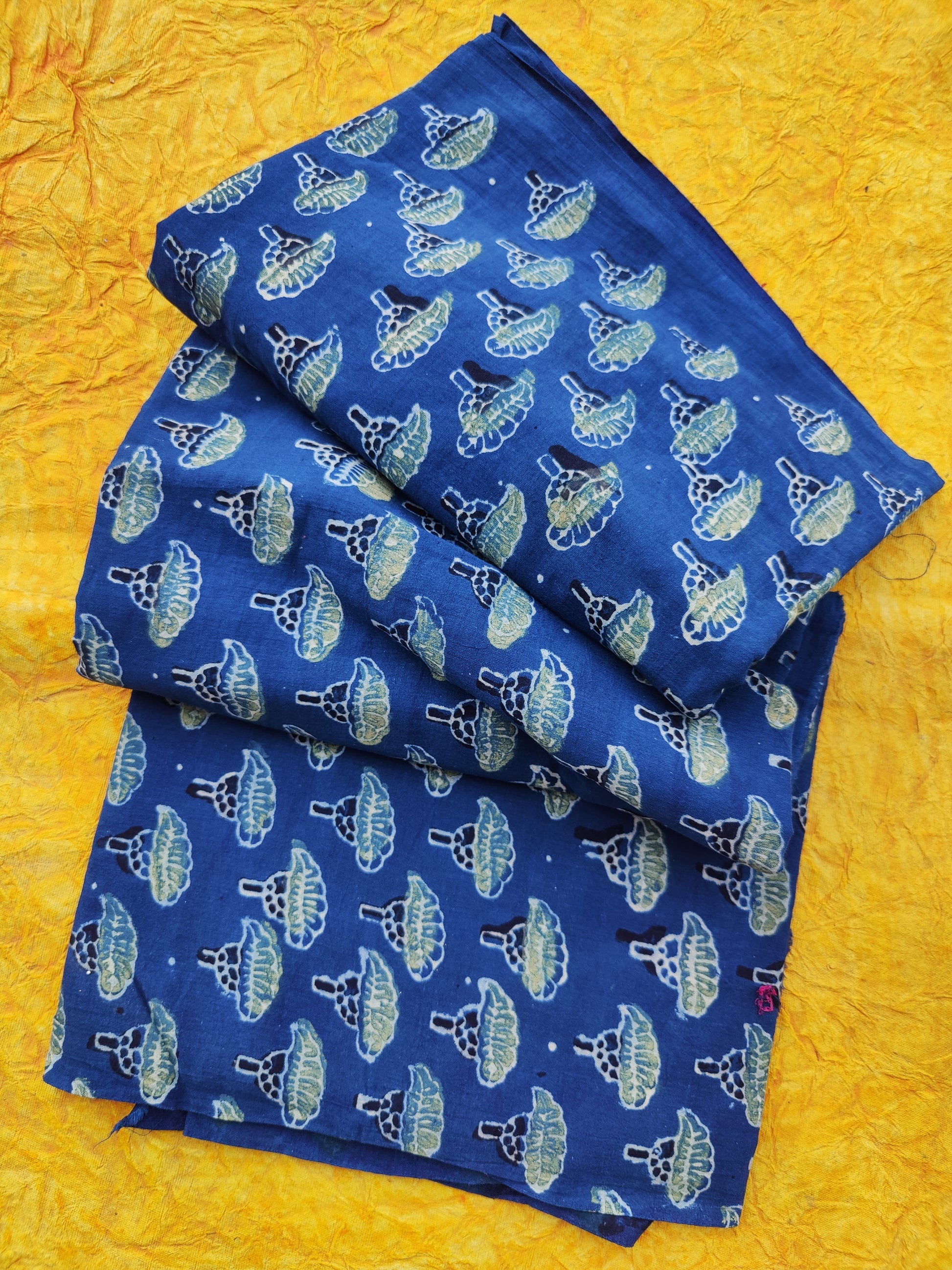 Indigo Phool Motif Ajrakh Hand Block Printed Natural Dyed Cotton Fabric