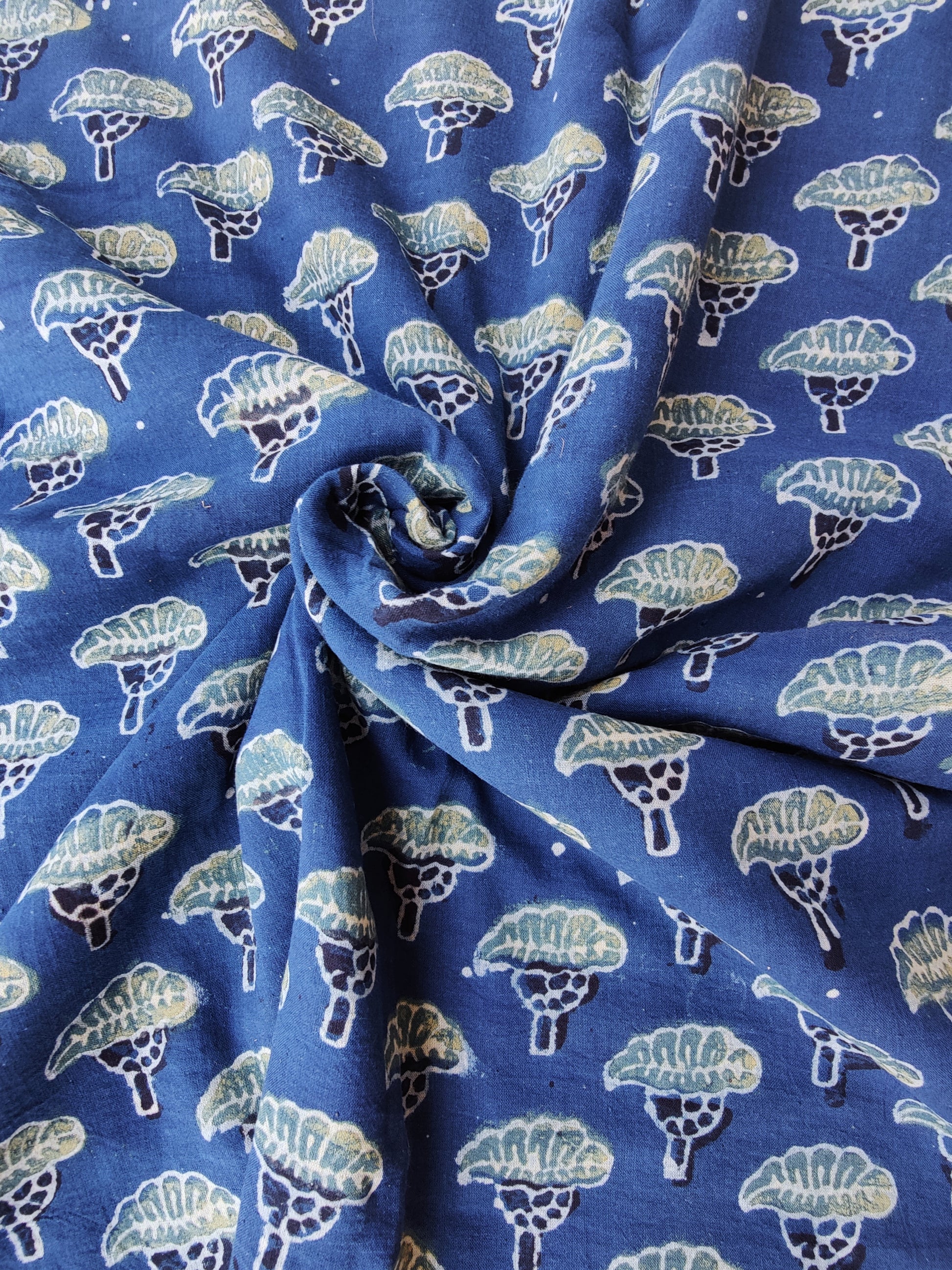 Indigo Phool Motif Ajrakh Hand Block Printed Natural Dyed Cotton Fabric