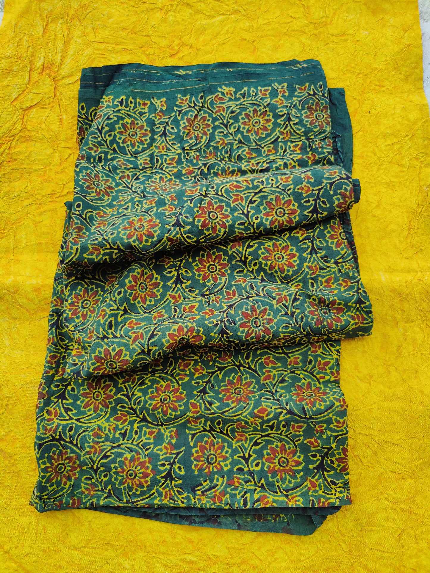 Green Flower Motif Ajrakh Hand Block Printed Natural Dyed Cotton Fabric