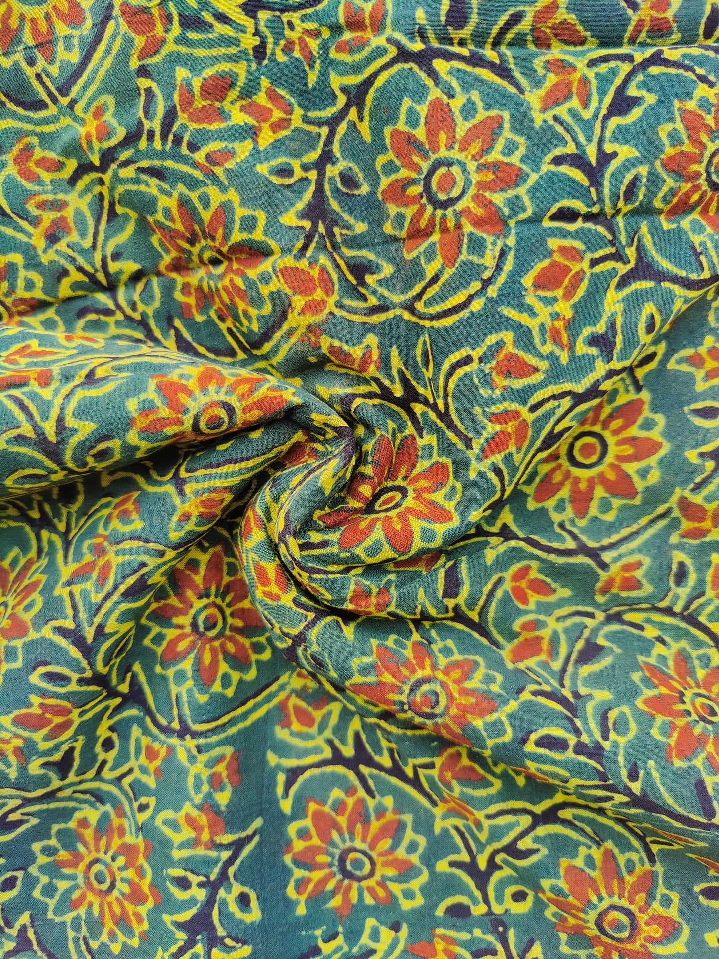 Green Flower Motif Ajrakh Hand Block Printed Natural Dyed Cotton Fabric