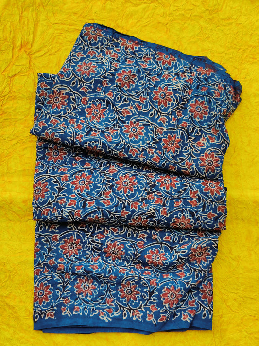 Blue and Red Flower Motif Ajrakh Hand Block Printed Natural Dyed Cotton Fabric