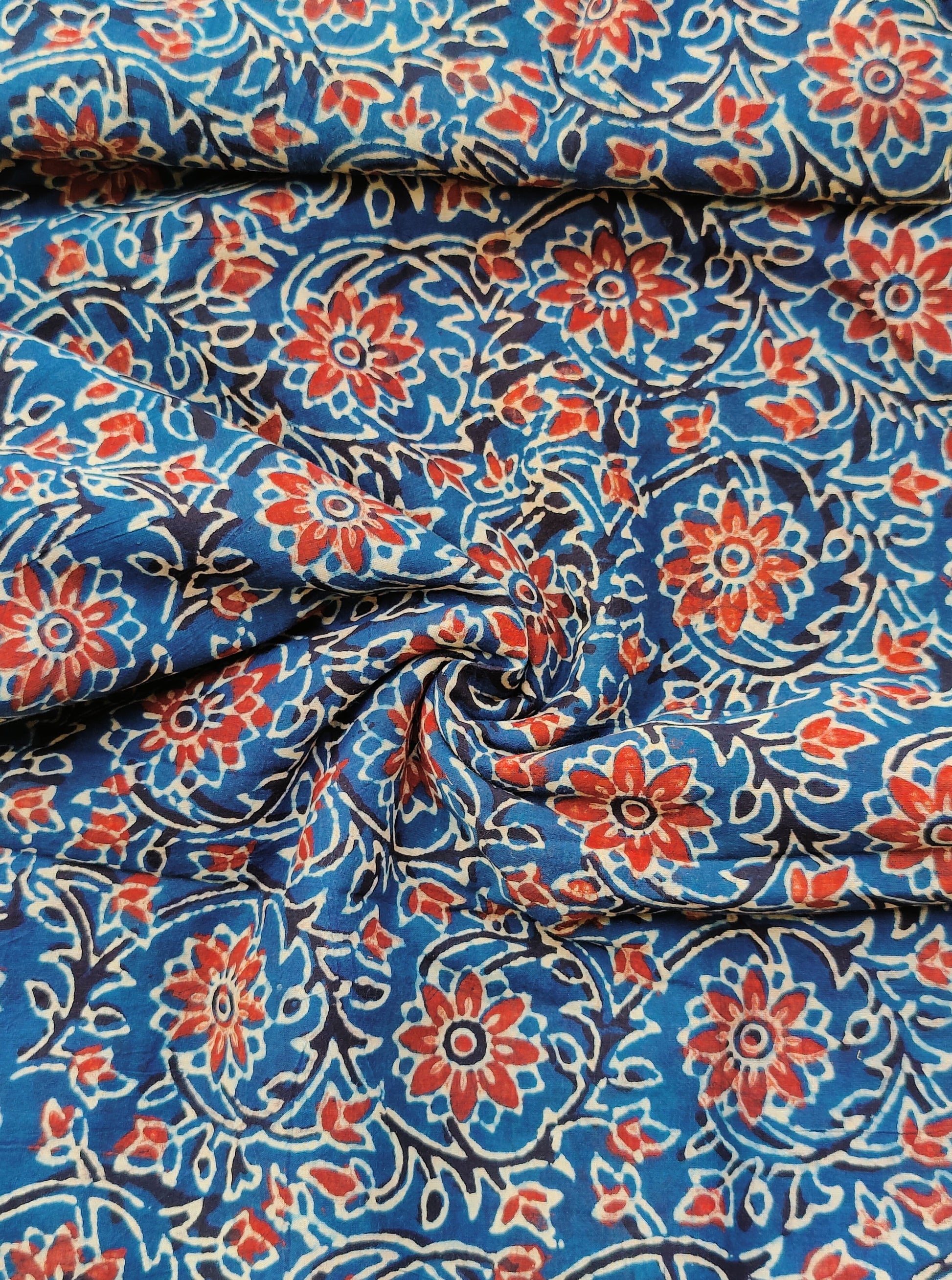 Blue and Red Flower Motif Ajrakh Hand Block Printed Natural Dyed Cotton Fabric