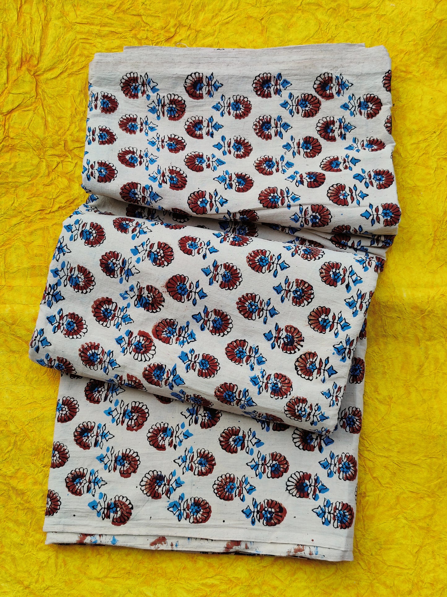 Off White Small Booti Ajrakh Hand Block Printed Natural Dyed Cotton Fabric