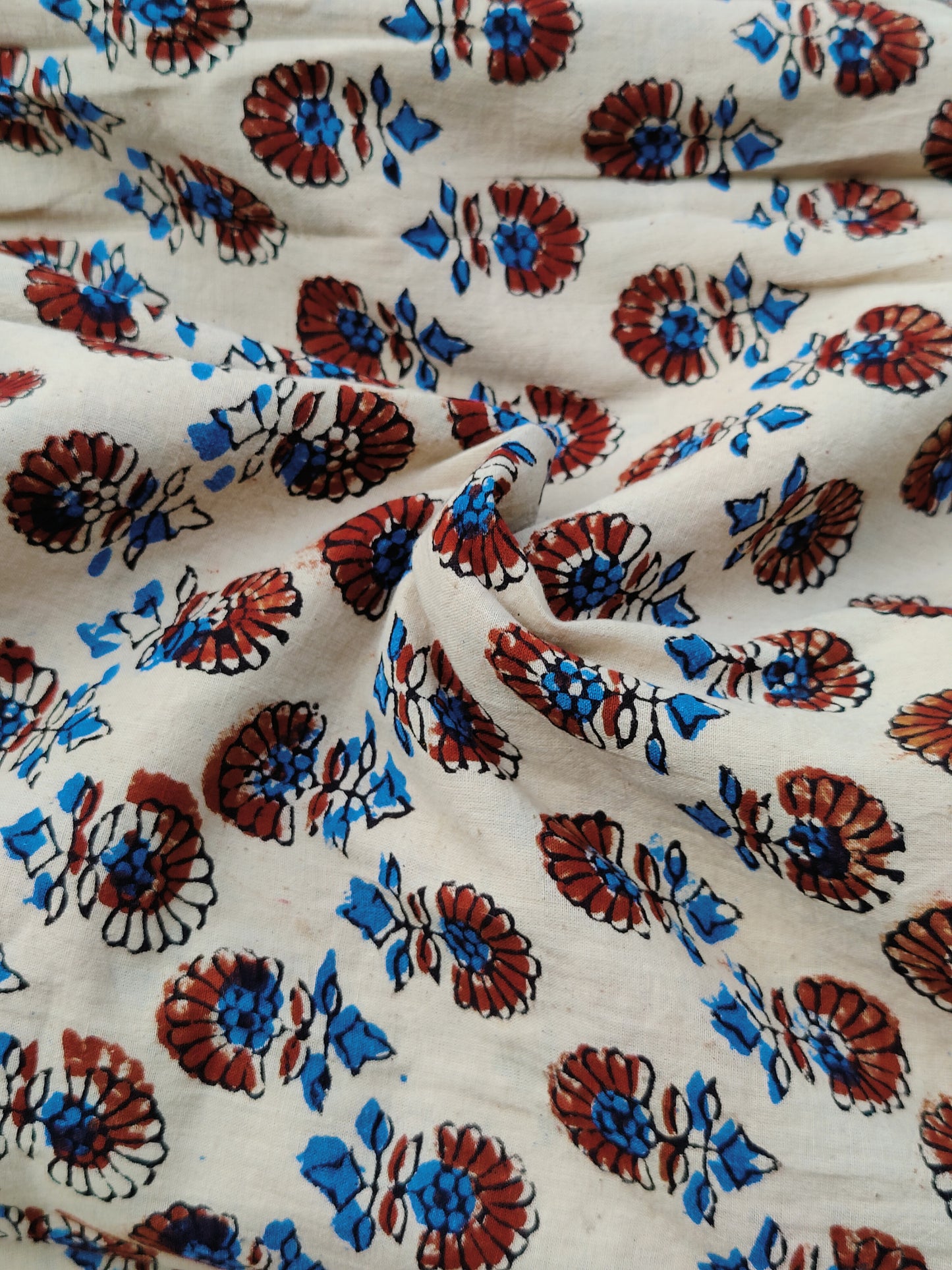 Off White Small Booti Ajrakh Hand Block Printed Natural Dyed Cotton Fabric