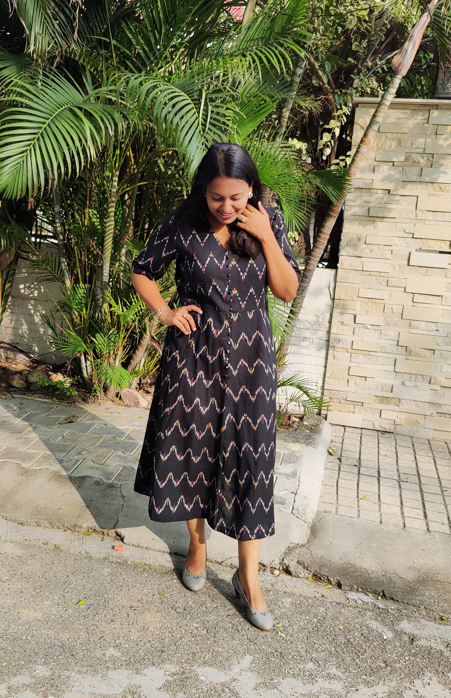 Black Ikat Zigzag A Line Pattern Midi Dress