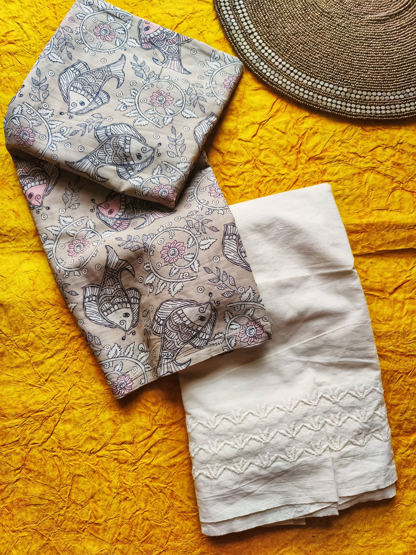 Grey Fish Motif Kalamkari Print Cotton 2 pc Suit Set