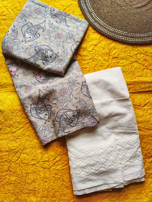 Grey Fish Motif Kalamkari Print Cotton 2 pc Suit Set