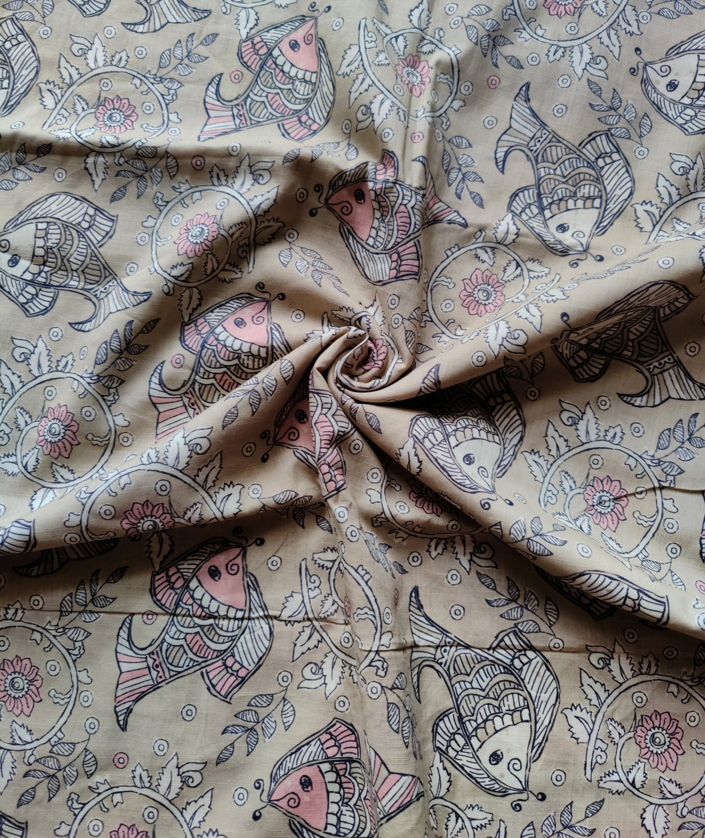 Grey Fish Motif Kalamkari Print Cotton 2 pc Suit Set