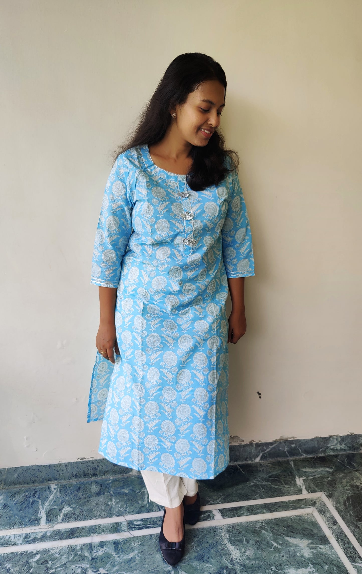 Light Blue Women Cotton Sanganeri Print Kurti with Gota Details