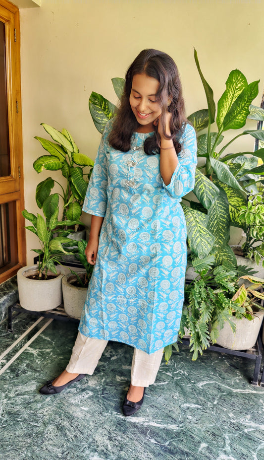 Light Blue Women Cotton Sanganeri Print Kurti with Gota Details