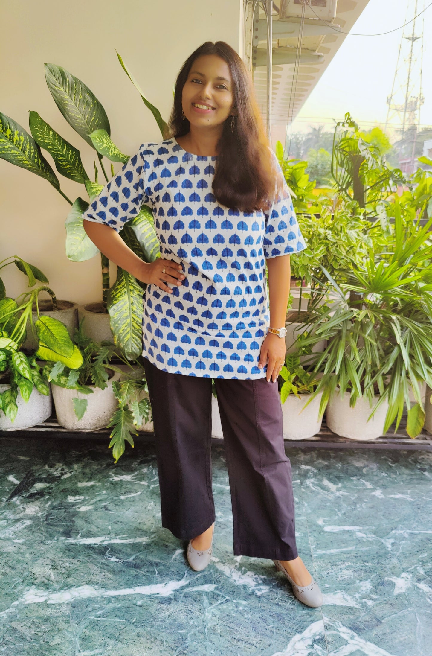 Indigo Leaf Motif Pure Cotton Half Sleeve Short Kurti