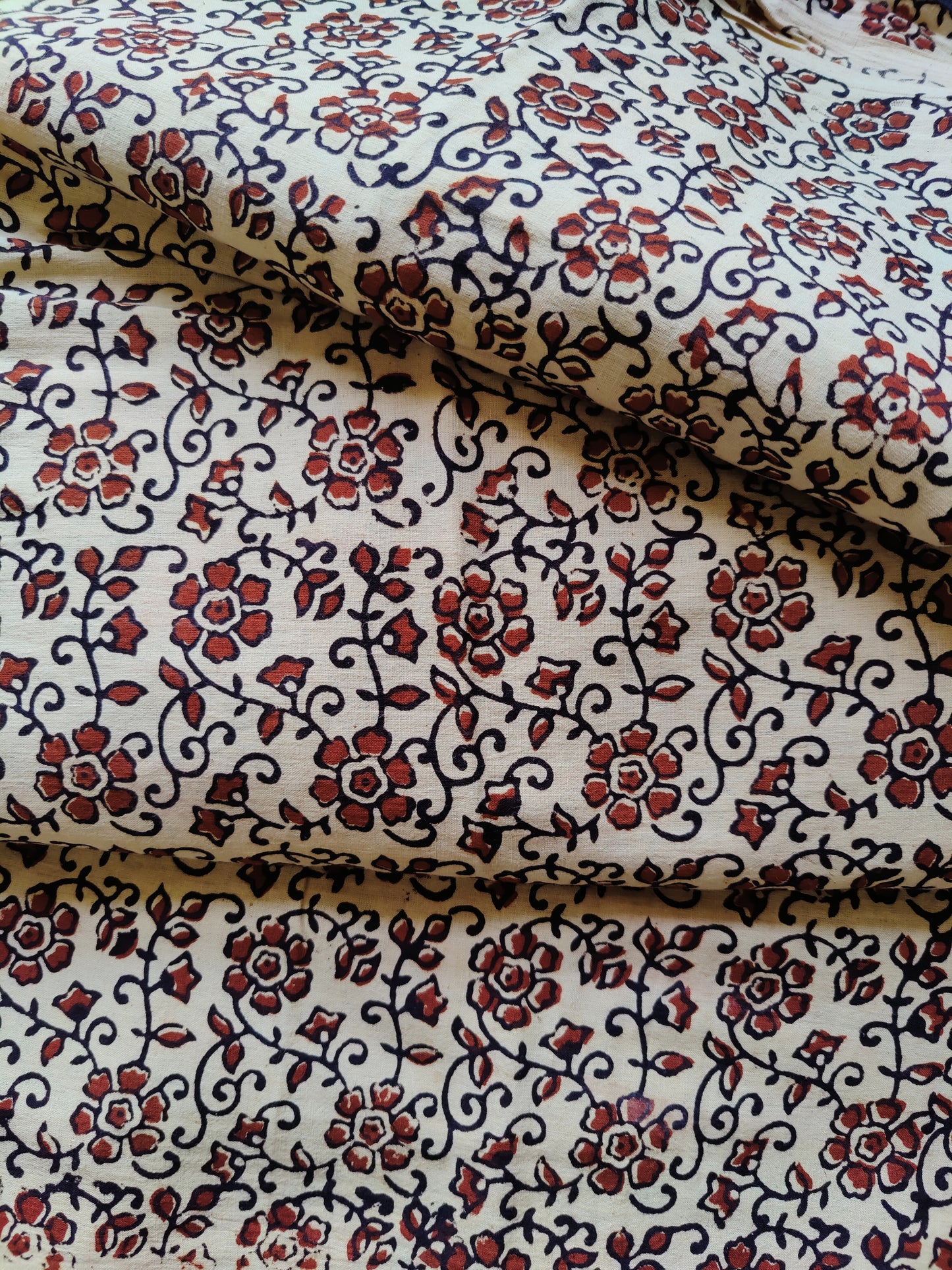 Cream Flower Motif Ajrakh Vegetable Print Cotton Fabric (CUT PIECE)