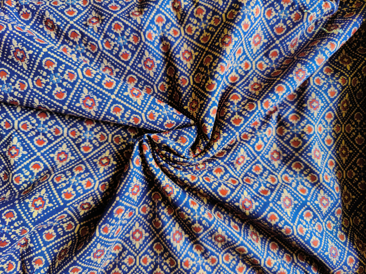 Navy Blue and Red Khidki Motif Ajrakh Vegetable Print Cotton Fabric