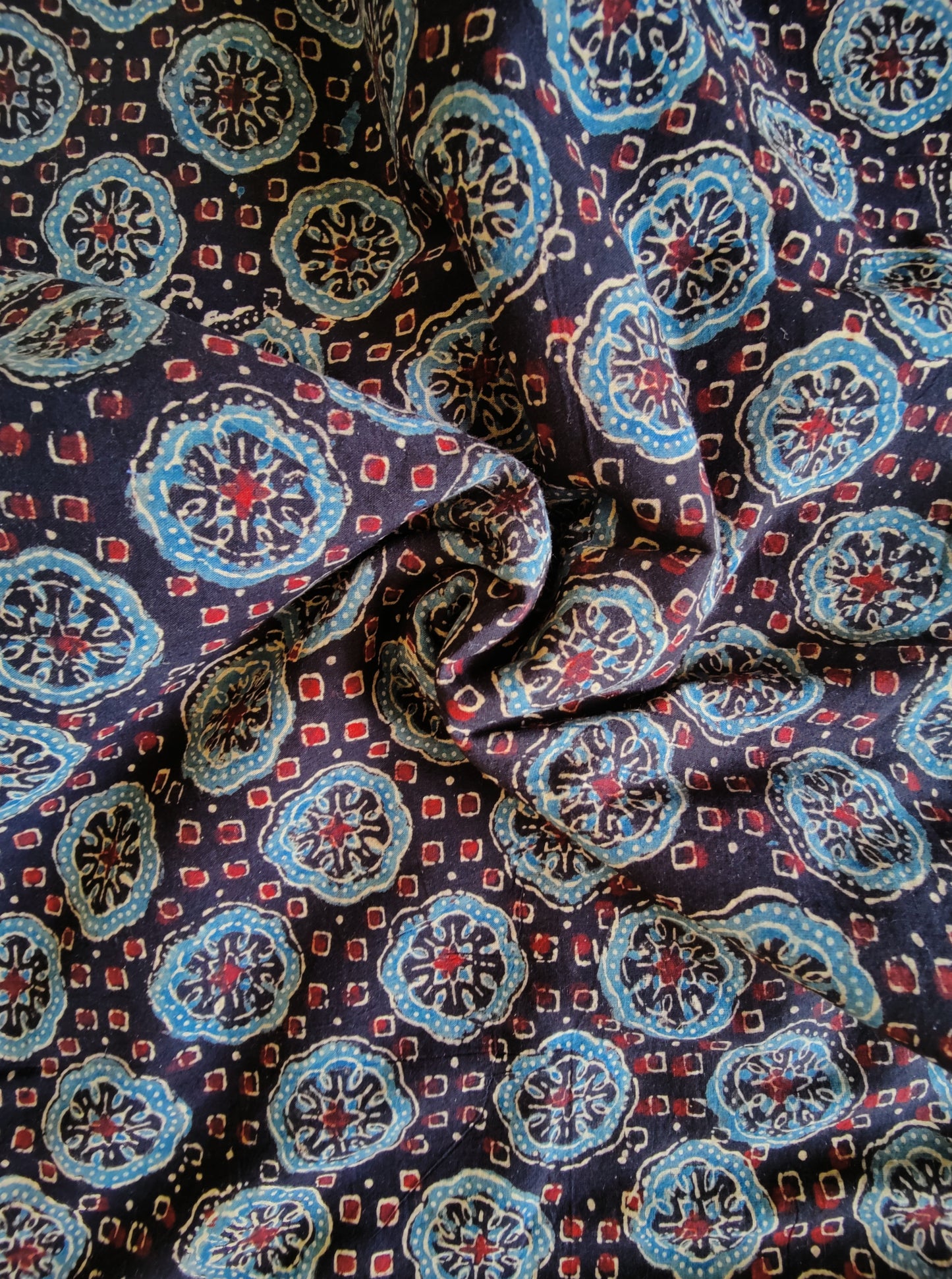 Black and Blue Circle Motif Ajrakh Hand Block Printed Natural Dyed Cotton Fabric