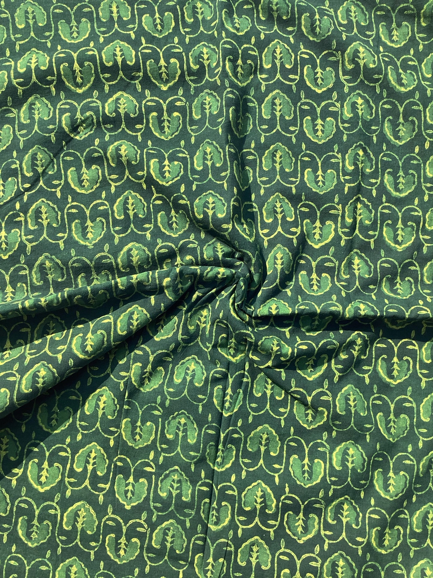 Green Yellow Pan Motif Akola Hand Block Printed Natural Dyed Cotton Fabric