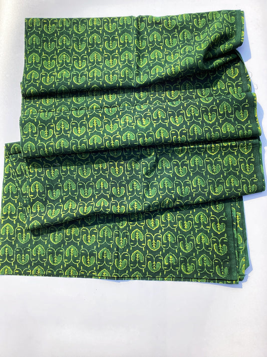 Green Yellow Pan Motif Akola Hand Block Printed Natural Dyed Cotton Fabric