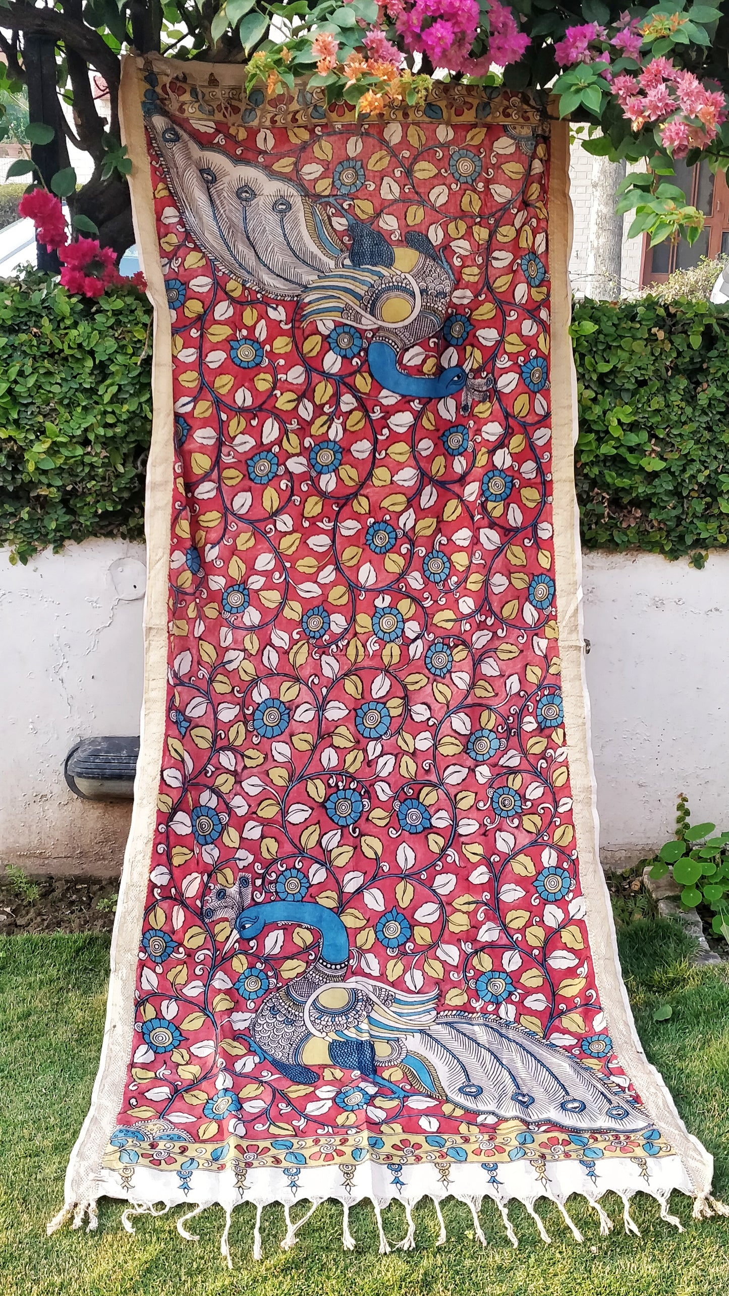 Red Booti with Peacock Motif Handpainted Srikalahasti Kalamkari Cotton Dupatta with Zari Border