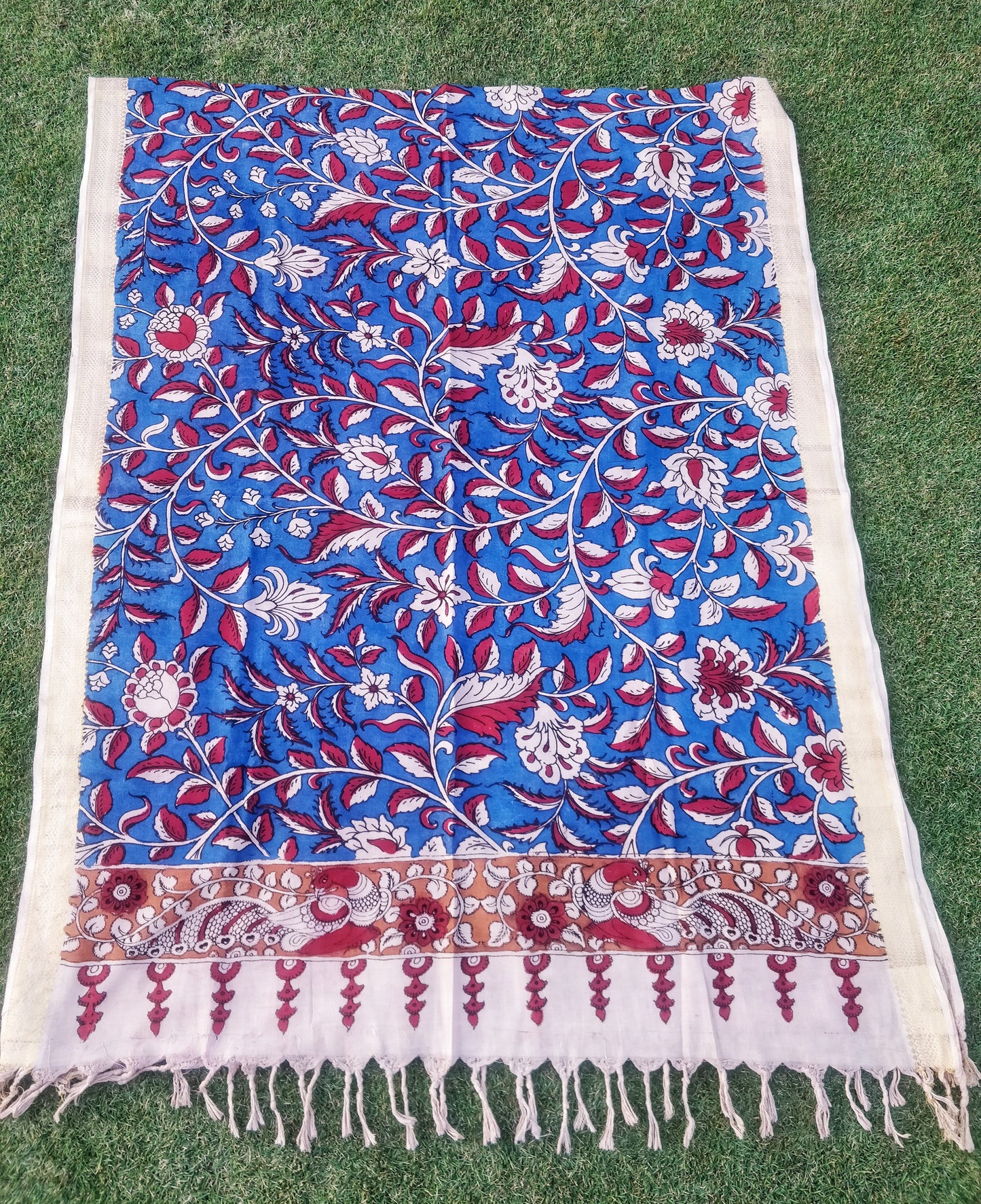 Blue and Red Handpainted Srikalahasti Kalamkari Cotton Dupatta with Zari Border