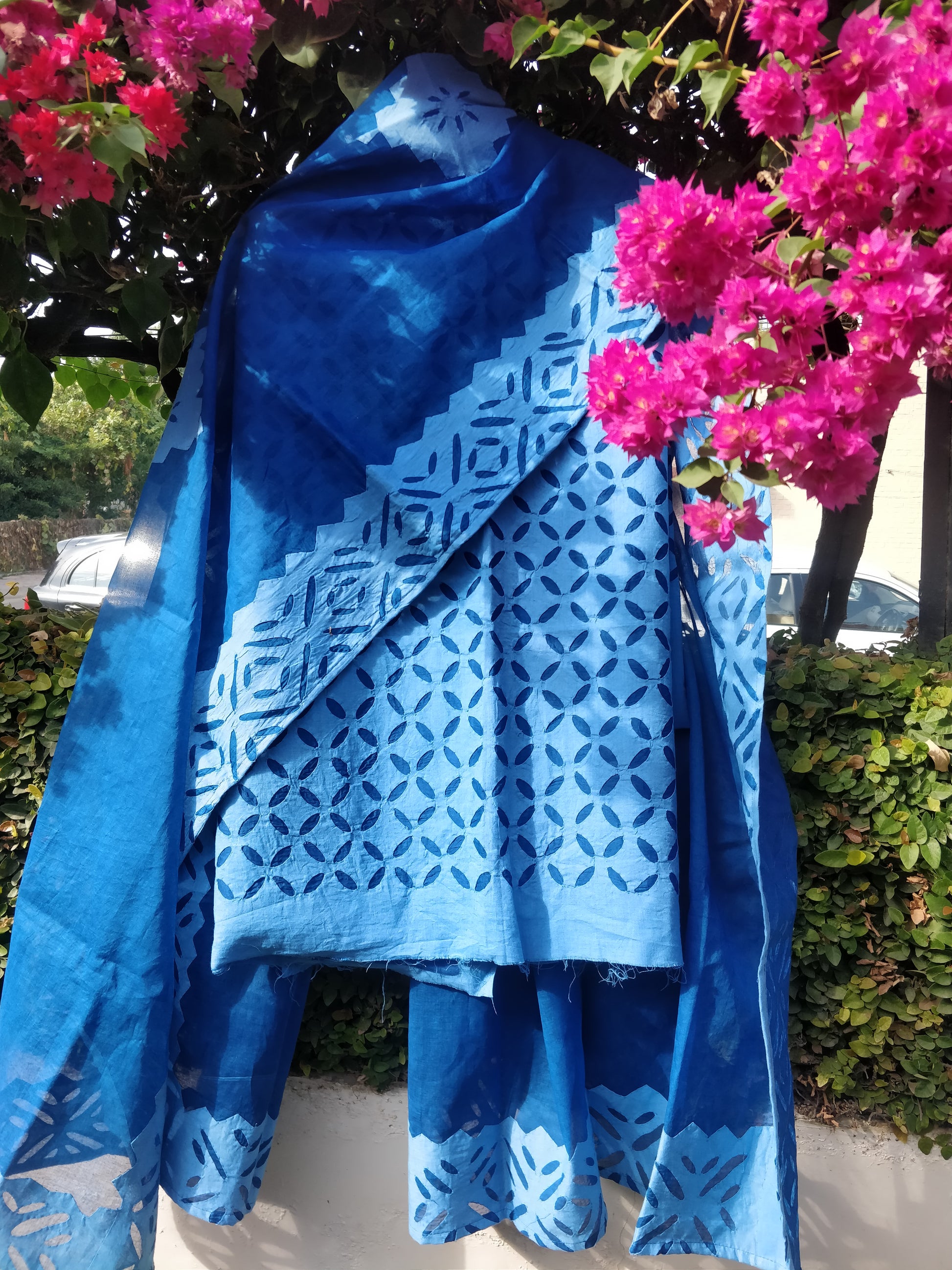 Deep Blue Barmer Applique Cut Work Cotton 3pc Suit Material Set