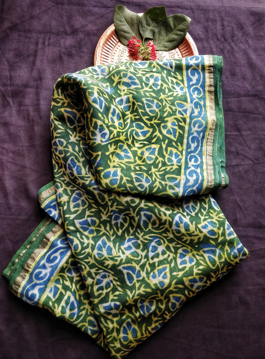 Green and Indigo Akola Handblock Printed Chanderi Silk Cotton Saree