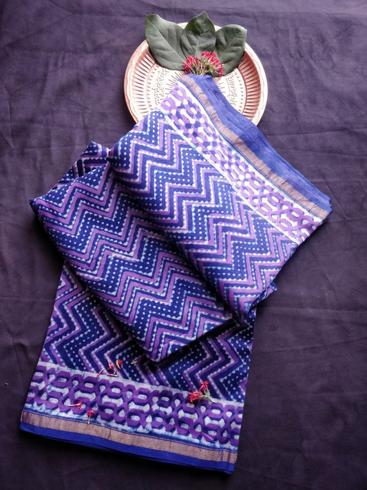 Purple Chevron Akola Handblock Printed Chanderi Silk Cotton Saree
