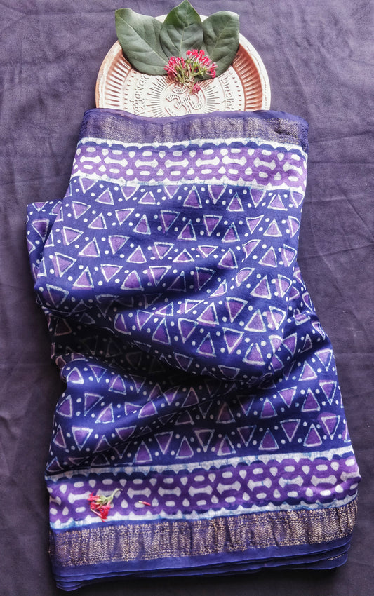 Purple Akola Handblock Printed Dabu Pure Maheshwari Silk Cotton Saree with Zari Border