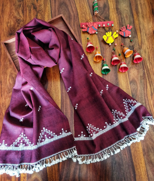 Burgundy Bhujodi Toran Wollen Stole with Mirror Work and Tassels