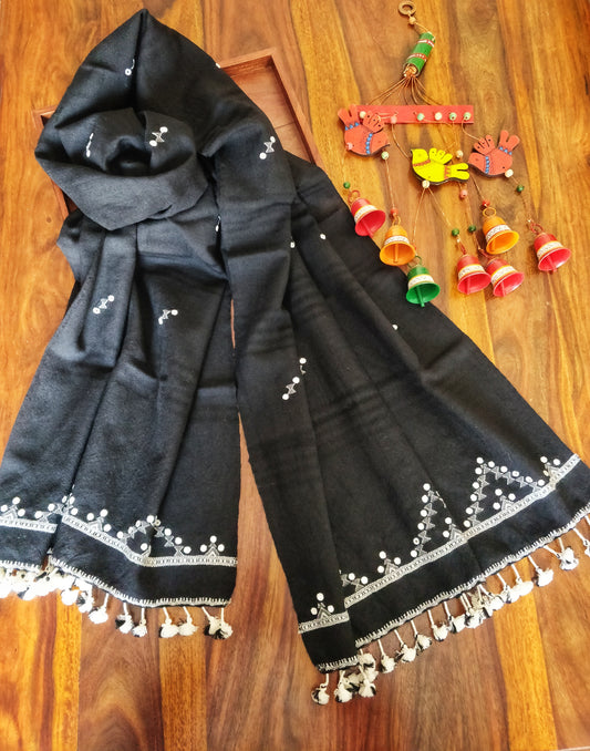 Midnight Black Bhujodi Toran Wollen Stole with Mirror Work and Tassels