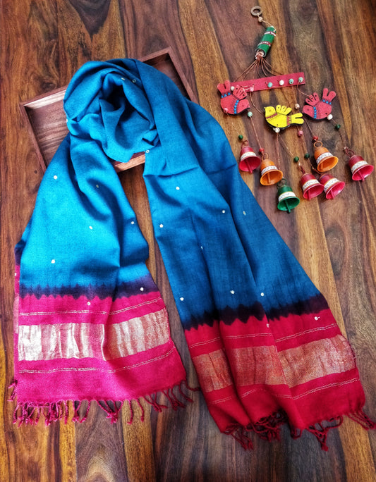 Electric Blue Bhujodi Tie and Dye Wollen Stole with Mirror Work and Tassels