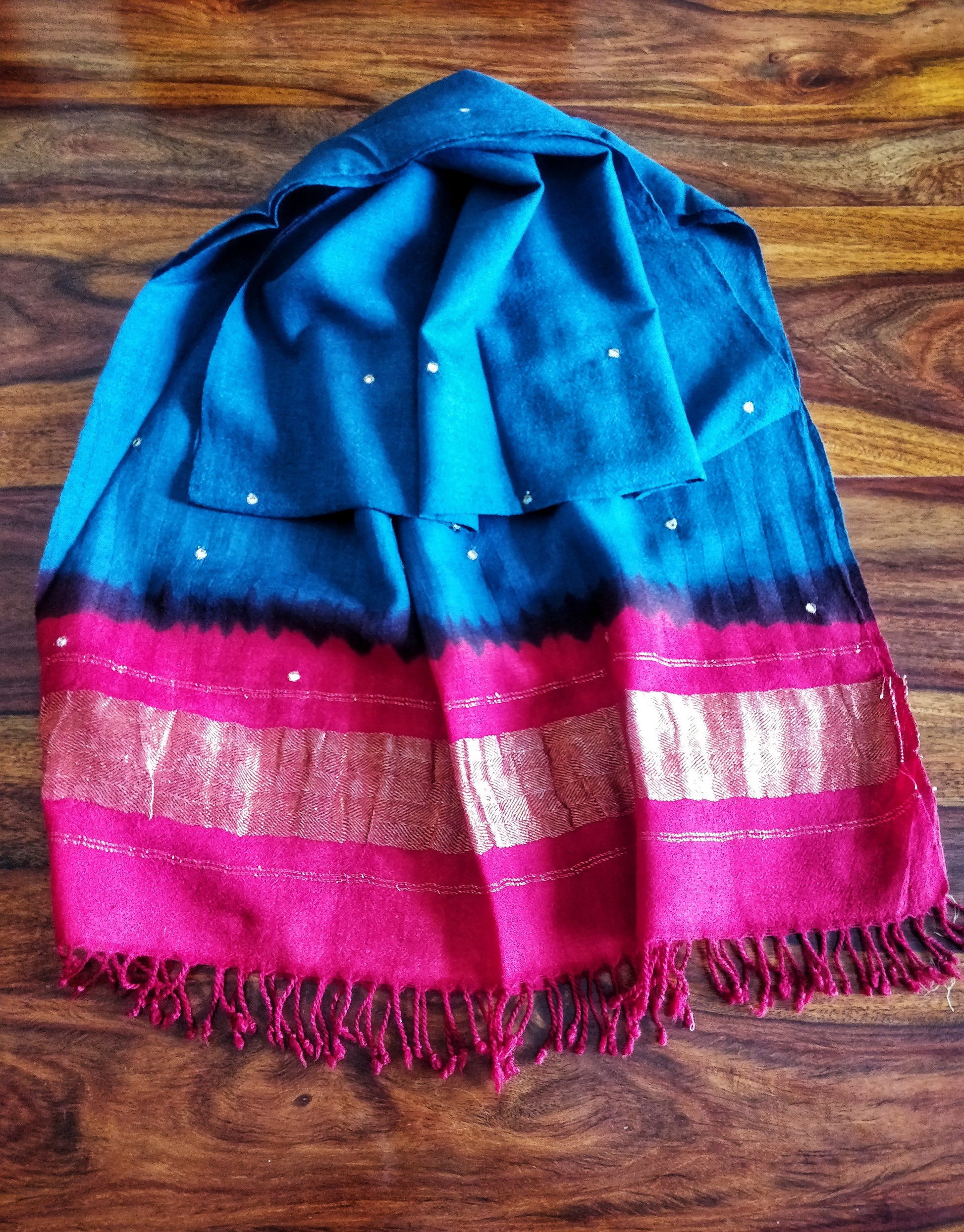 Electric Blue Bhujodi Tie and Dye Wollen Stole with Mirror Work and Tassels