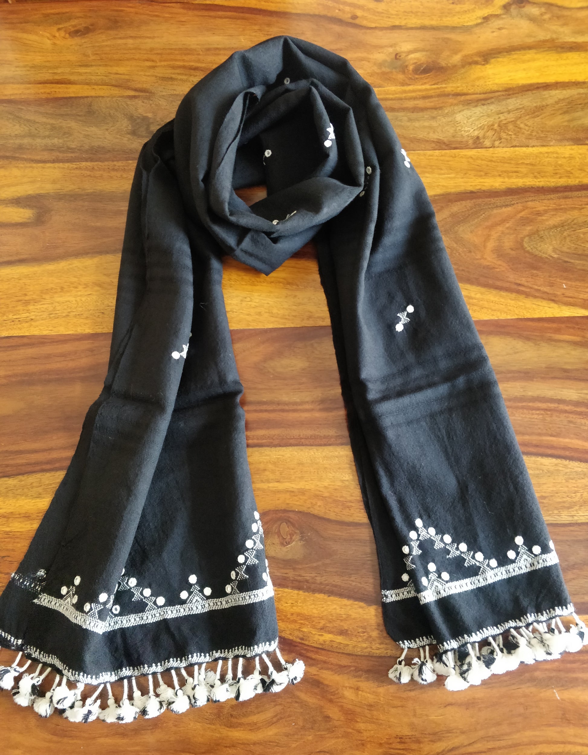 Midnight Black Bhujodi Toran Wollen Stole with Mirror Work and Tassels