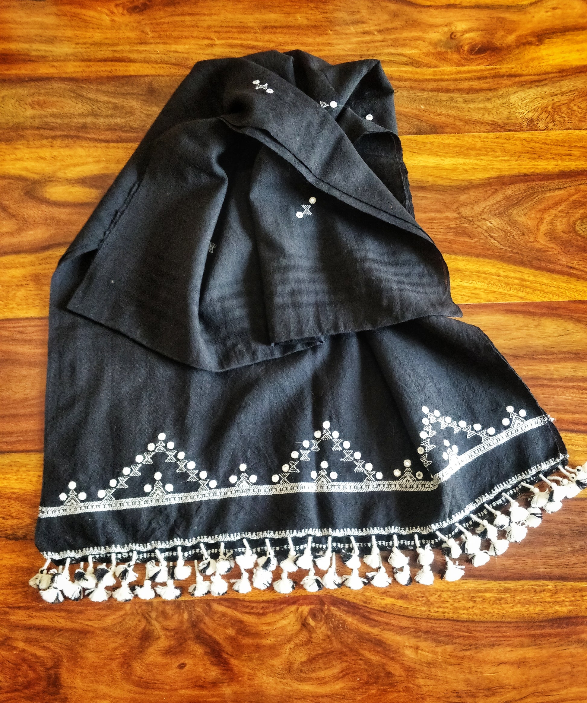 Midnight Black Bhujodi Toran Wollen Stole with Mirror Work and Tassels