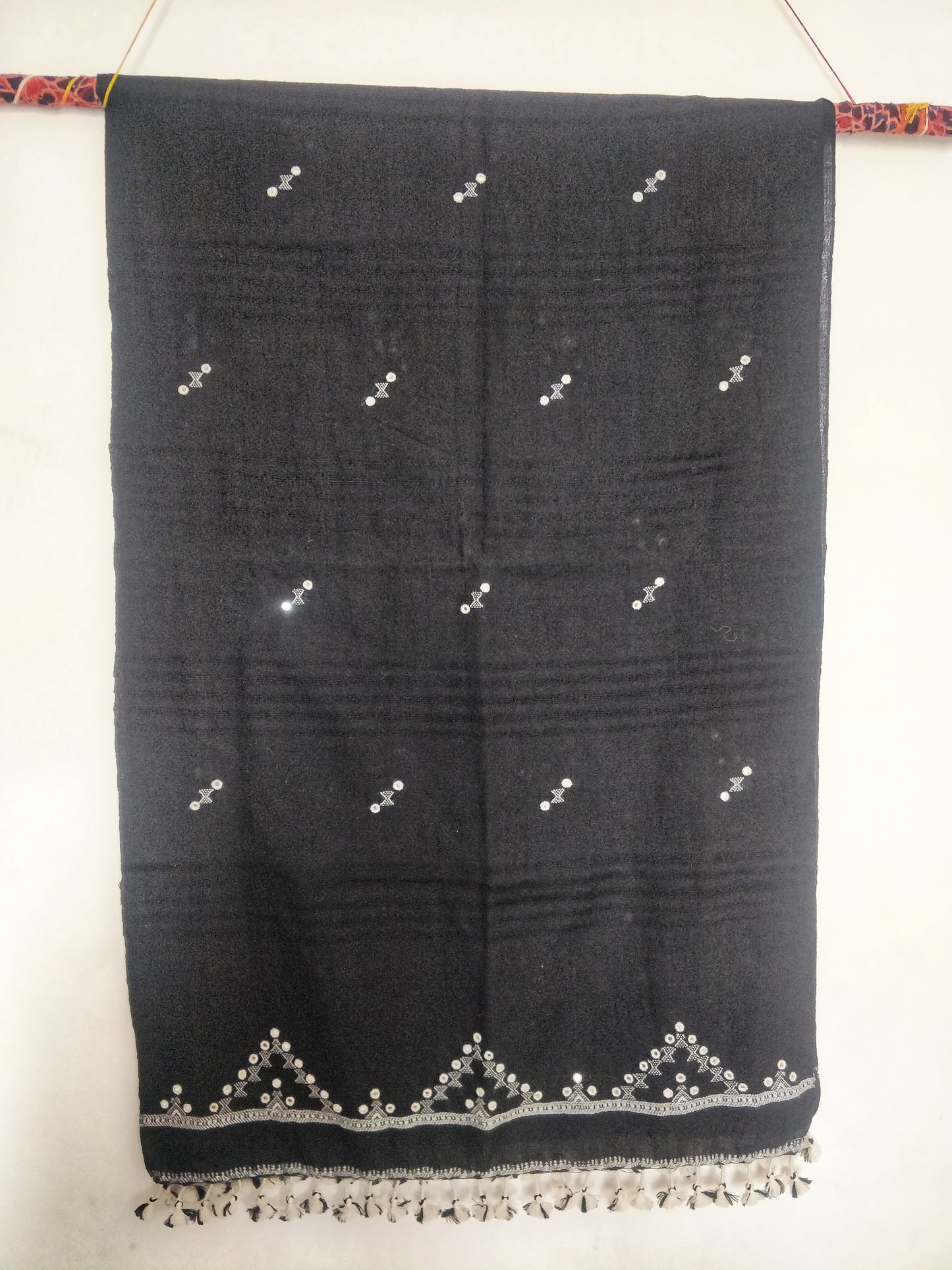 Midnight Black Bhujodi Toran Wollen Stole with Mirror Work and Tassels