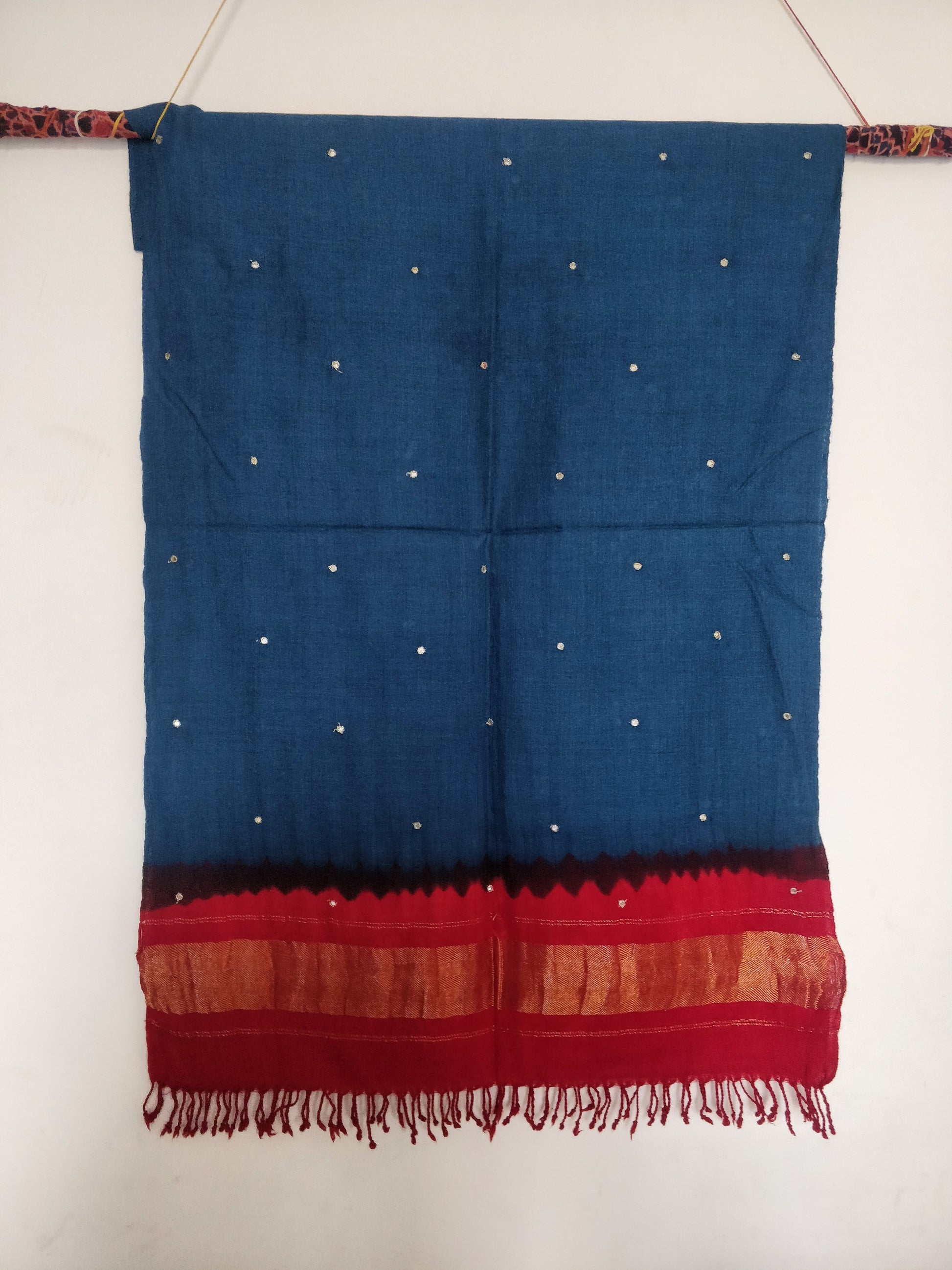 Electric Blue Bhujodi Tie and Dye Wollen Stole with Mirror Work and Tassels